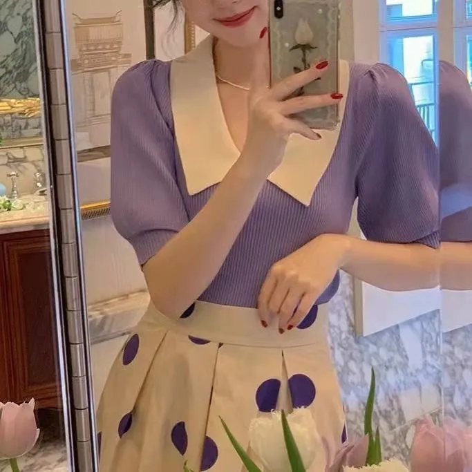 Fashion Puff Sleeve Knitwear Women's Top - Purple