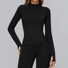 Brushed Yoga Jacket Long-sleeved Zipper Pocket Tight Top - Black - View 1