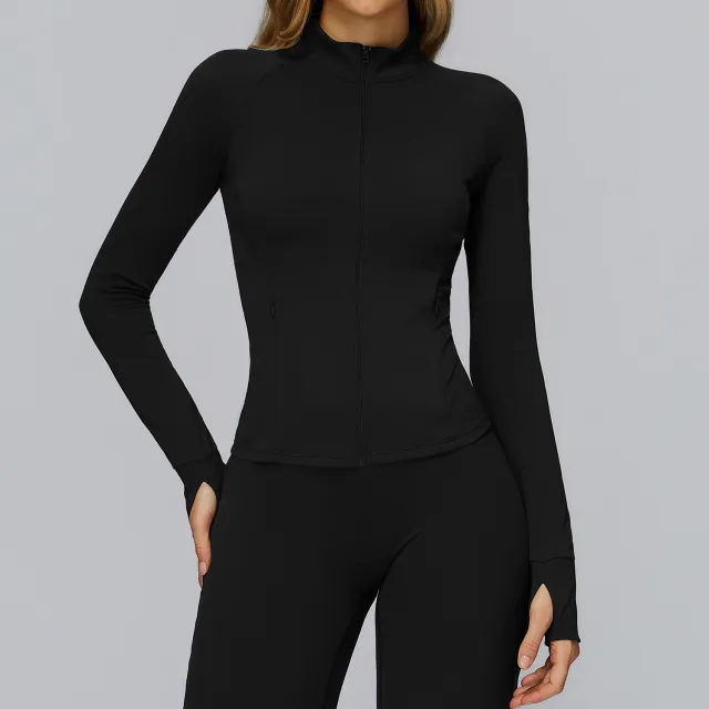 Brushed Yoga Jacket Long sleeved Zipper Pocket Tight Top Black - Shop at LoveMi