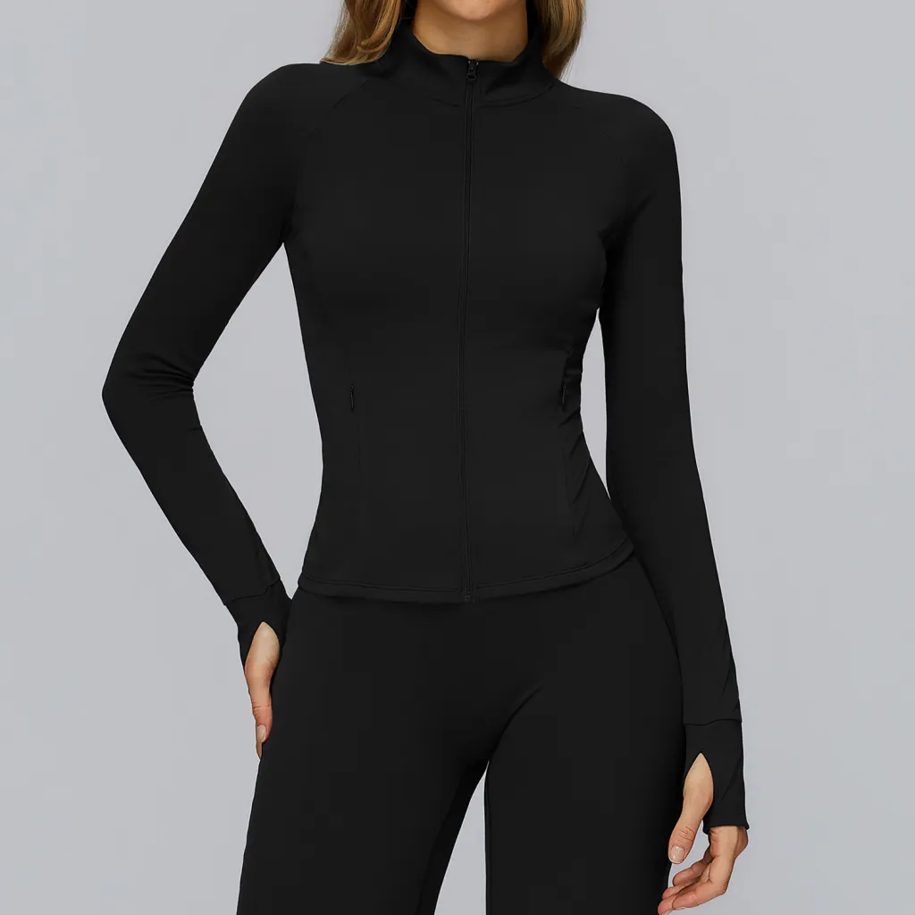 Brushed Yoga Jacket Long-sleeved Zipper Pocket Tight Top - Black