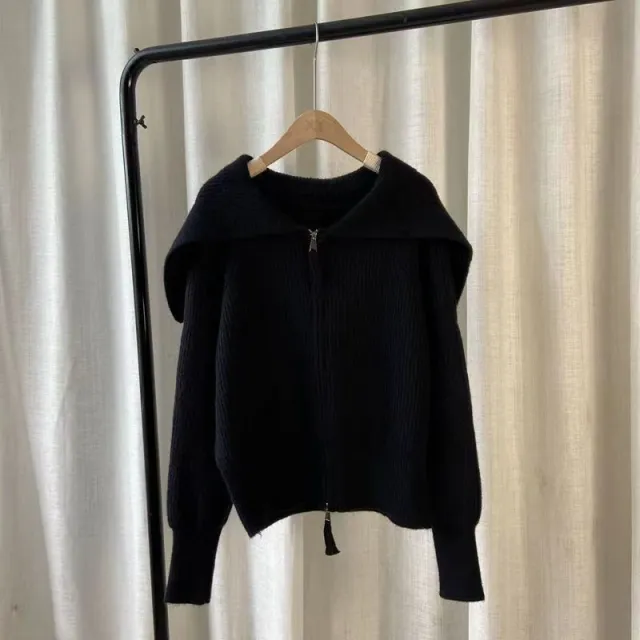 Large Lapel Double headed Zipper Sweater Coat Black - Shop at LoveMi