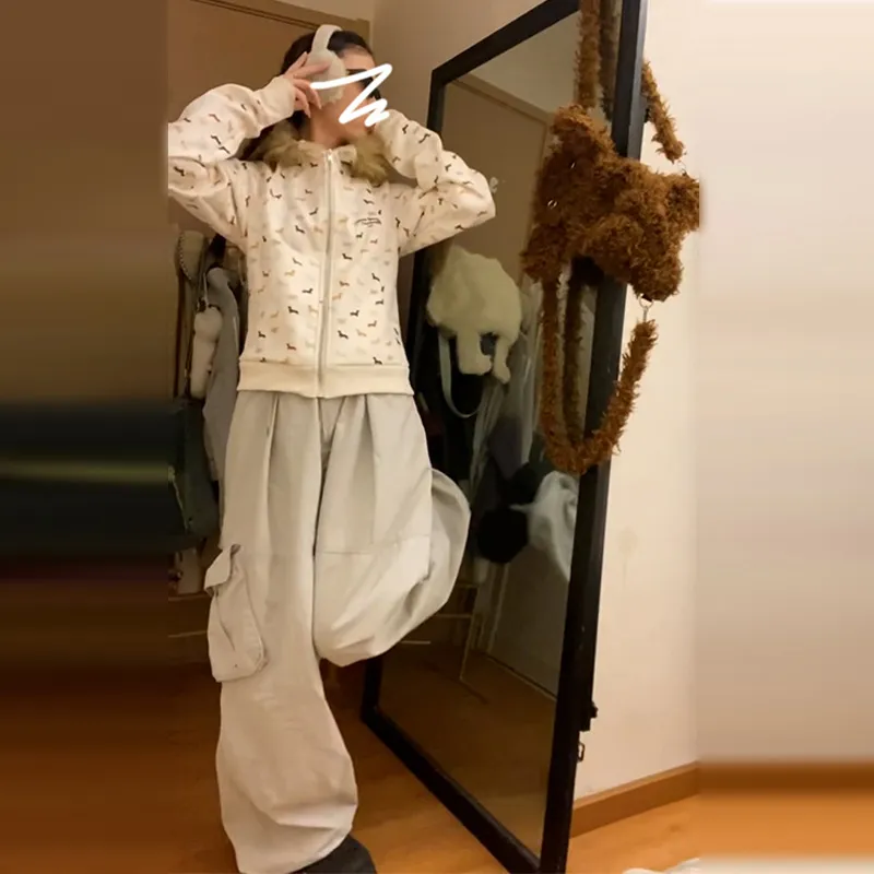 Loose Casual Cardigan American Retro Fur Collar Hoodie Coat
