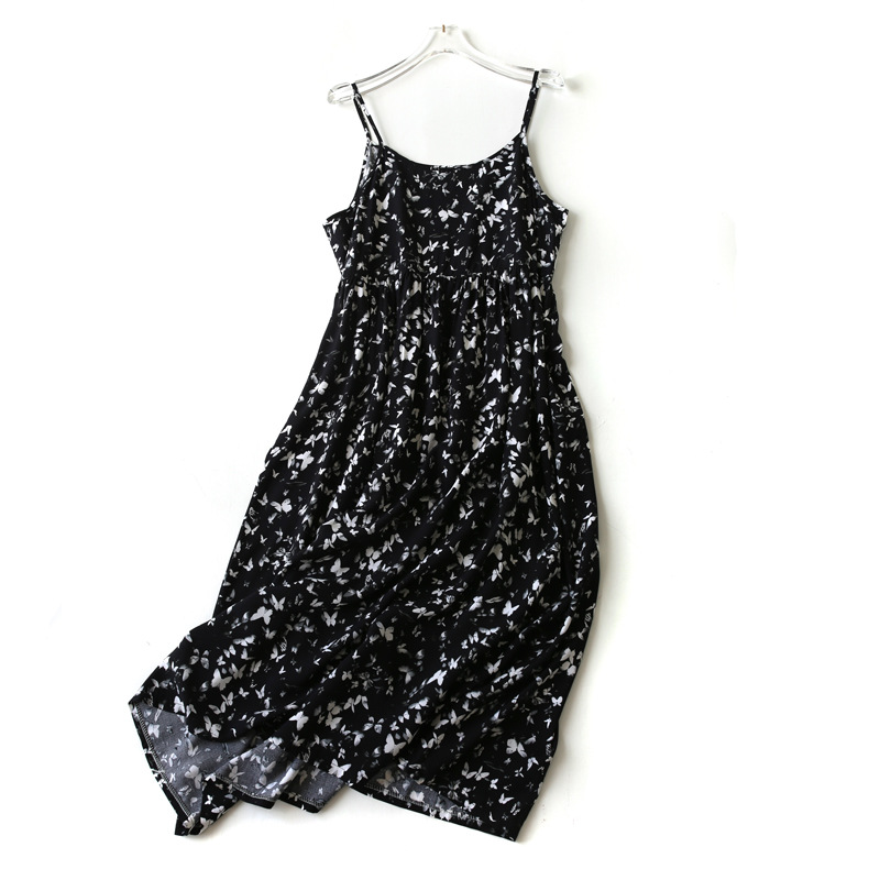 Long Floral Cotton Silk Waist Trimming Spaghetti Straps Dress Butterfly On Black Background - Shop at LoveMi