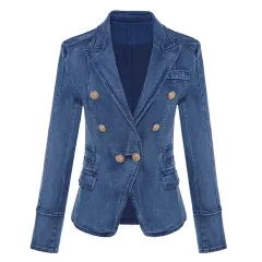 Double-breasted Lion Buckle Washing Water Denim Blazer - View 1