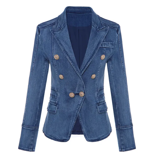 Double breasted Lion Buckle Washing Water Denim Blazer - Shop at LoveMi