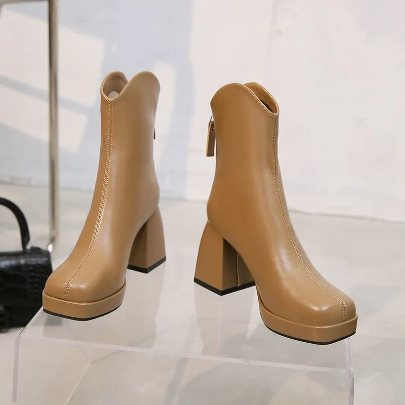 French Style Temperament High Heel Thin Ankle Boots - Khaki