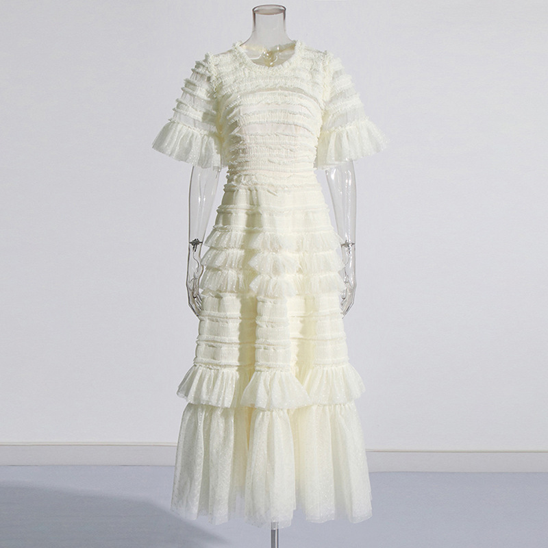 Round Neck Pleated Mesh Stitching Polka-dot Tiered-ruffle Skirt Women