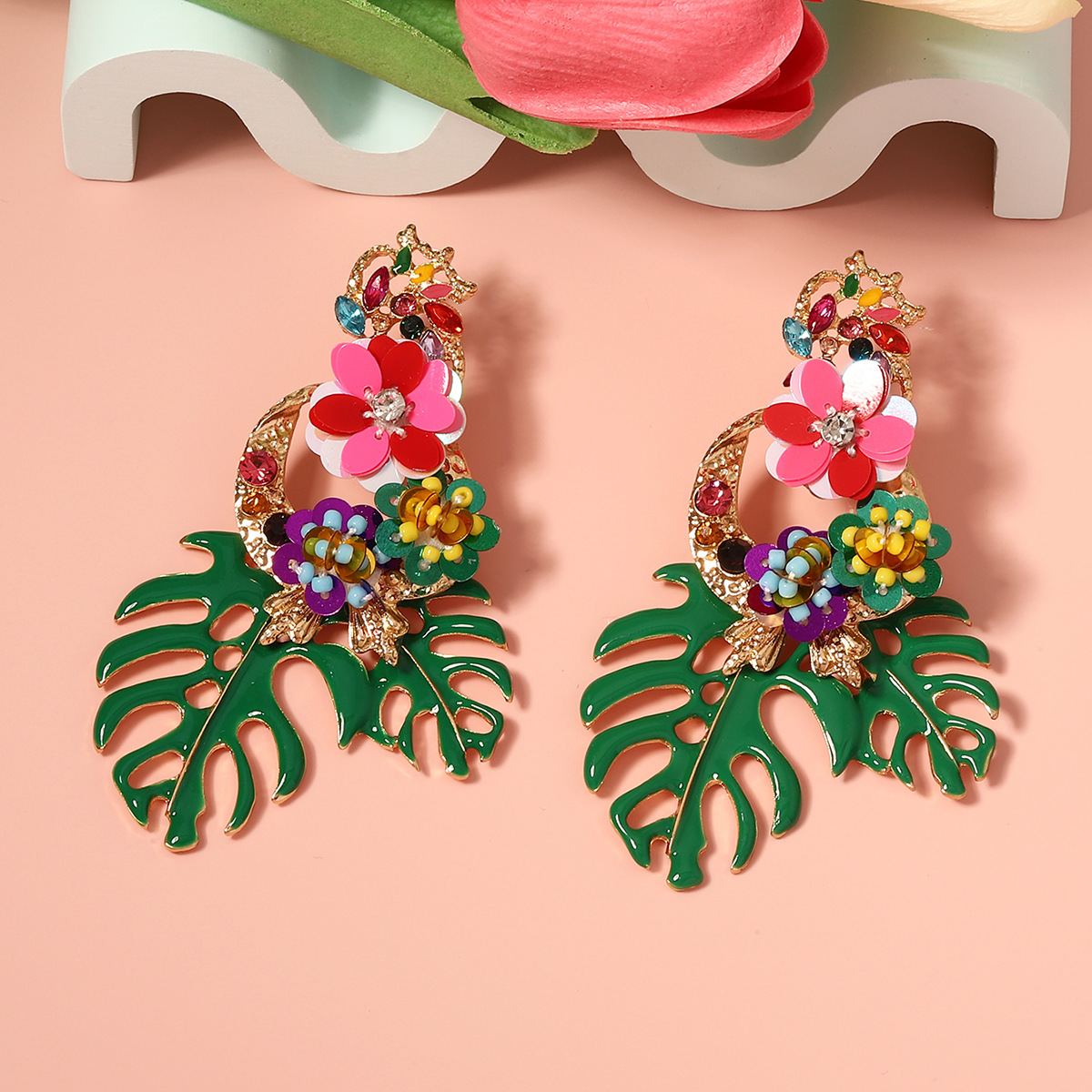 Fashionable Exaggerated Alloy Leaf Earrings With Colorful Rhinestones For Women
