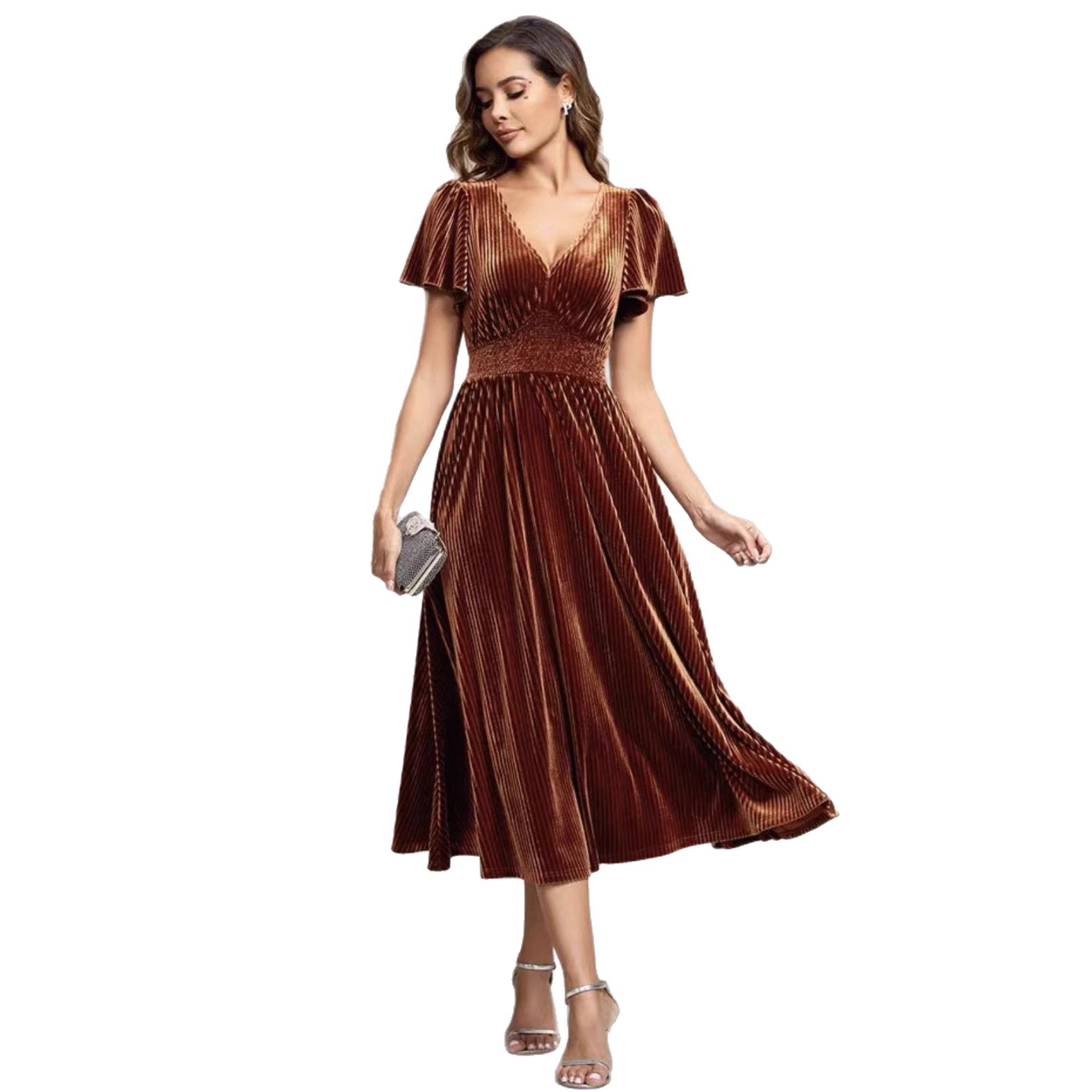 Waist cinching Flared Velvet Short sleeve Dress Brown - Shop at LoveMi