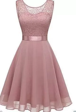 European And American Hollow Waist tight Solid Color Sleeveless Lace Hepburn Dress Pink - Shop at LoveMi