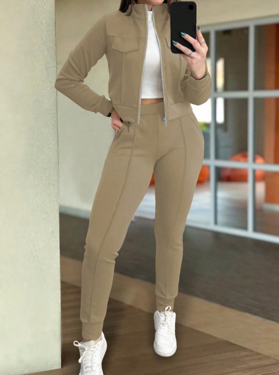 Women's Solid Color Fashion Casual Long Sleeve Pants Two piece Set Apricot - Shop at LoveMi