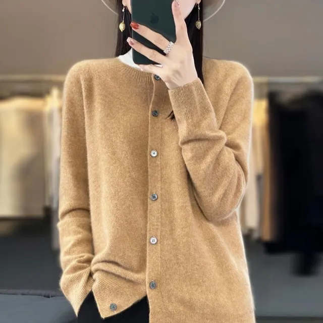 Fashion Merino Wool Cardigan Sweater Women O Neck Long sleeve Cashmere Knitwear Spring Autumn Female Clothing Tops Camel - Shop at LoveMi