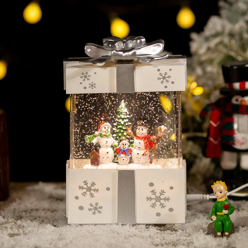 Christmas Decoration Gift Box Crystal Ball Small Night Lamp Ornaments - White Gift Box Snowman