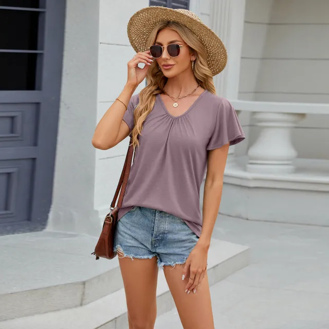 And V neck Loose Short Sleeve T shirt Top Ladies Taro Purple - Shop at LoveMi