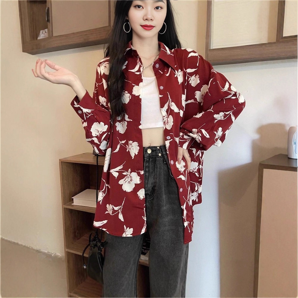 Women's Retro Printed Loose Long-Sleeve Shirt