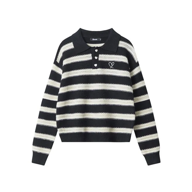 European And American Contrast Color And Versatile Knitwear Autumn Vintage Stripe Design Top Black - Shop at LoveMi