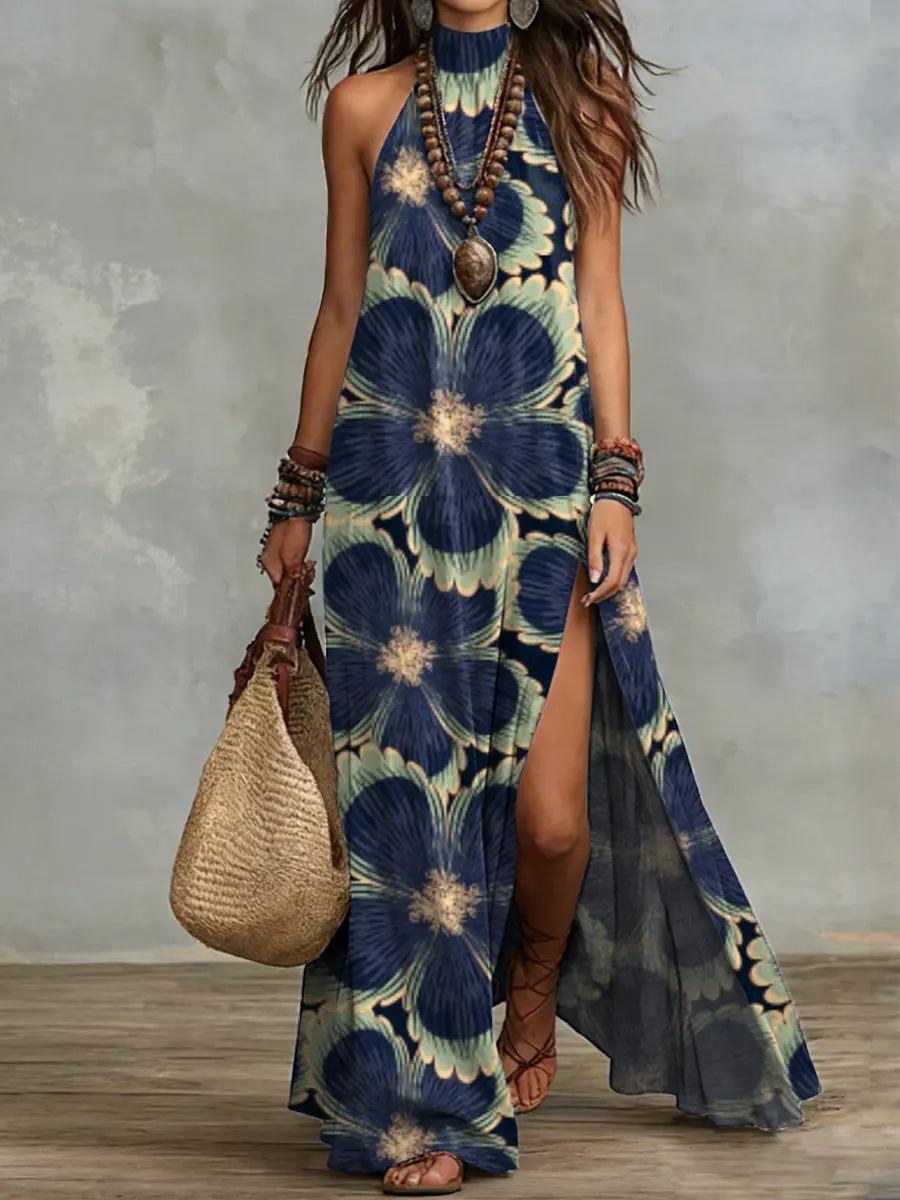 Women's Floral Print Split Maxi Dress – sleeveless elegant vacation resort style