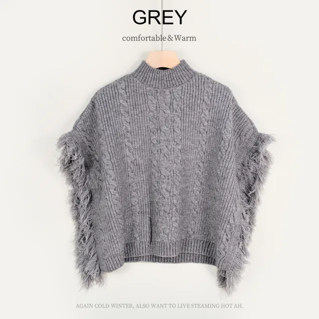 Semi high Stand Collar Knitted Wool Tassel Half Sleeve Cape Gray - Shop at LoveMi