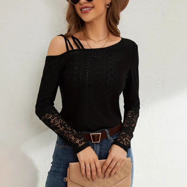 European And American Asymmetric Cross Off shoulder Design Lace Stitching Coat Black - Shop at LoveMi