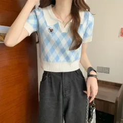 Polo Collar Ice Silk Knitted Short Sleeve T-shirt - Blue - View 1