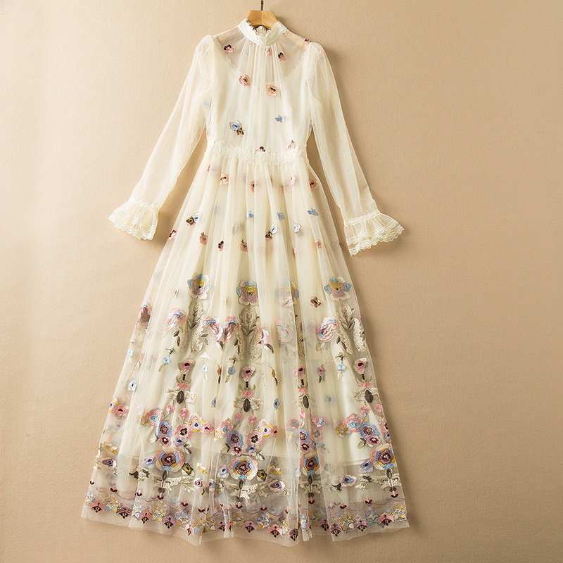 Mesh Exquisite Embroidery Floral Stand Collar Wide Hem Long Sleeve Dress — image 1