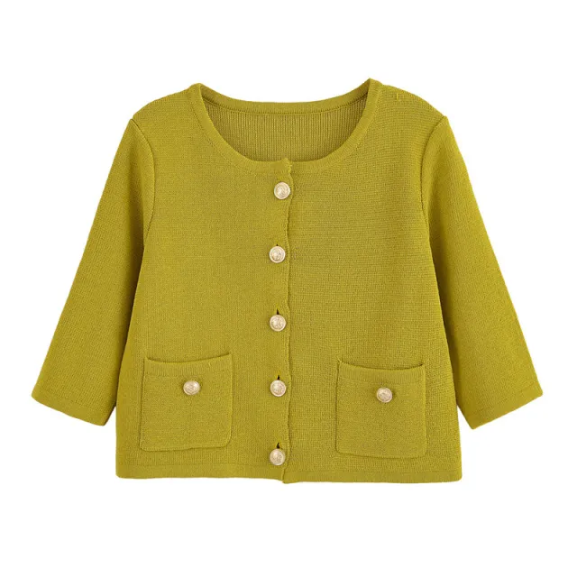 Golden Breasted Long Sleeve Knitted Coat Skirt Suit Gold - Shop at LoveMi