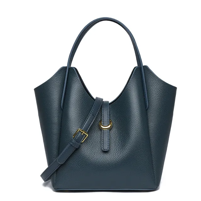 Genuine Leather Women's Large Capacity Hand Holding Bucket Bag Blue - Shop at LoveMi