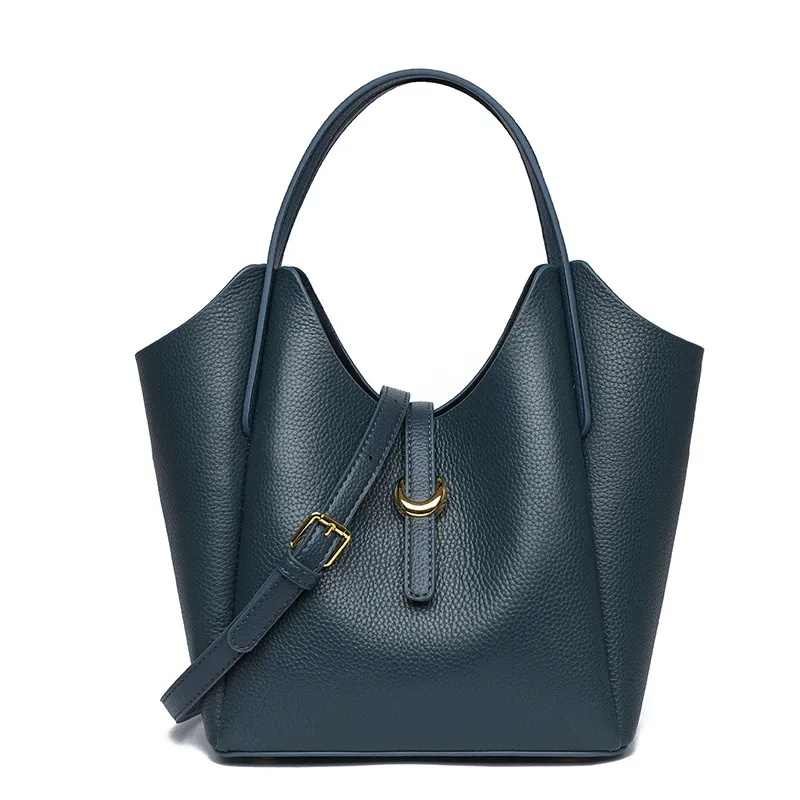 Genuine Leather Women's Large Capacity Hand Holding Bucket Bag - Blue