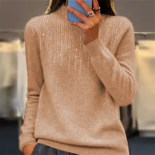 Women's Pullover Sweater Half high Collar With Diamonds Gold Camel - Shop at LoveMi