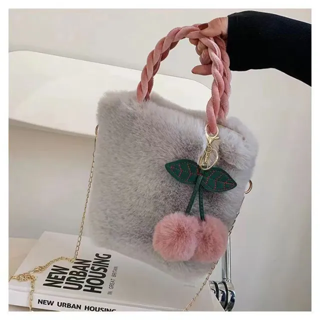Large Capacity Plush Bag Soft Plush Travel Bucket Bag New Luxury Plush Tote Bag For Winter Gray - Shop at LoveMi