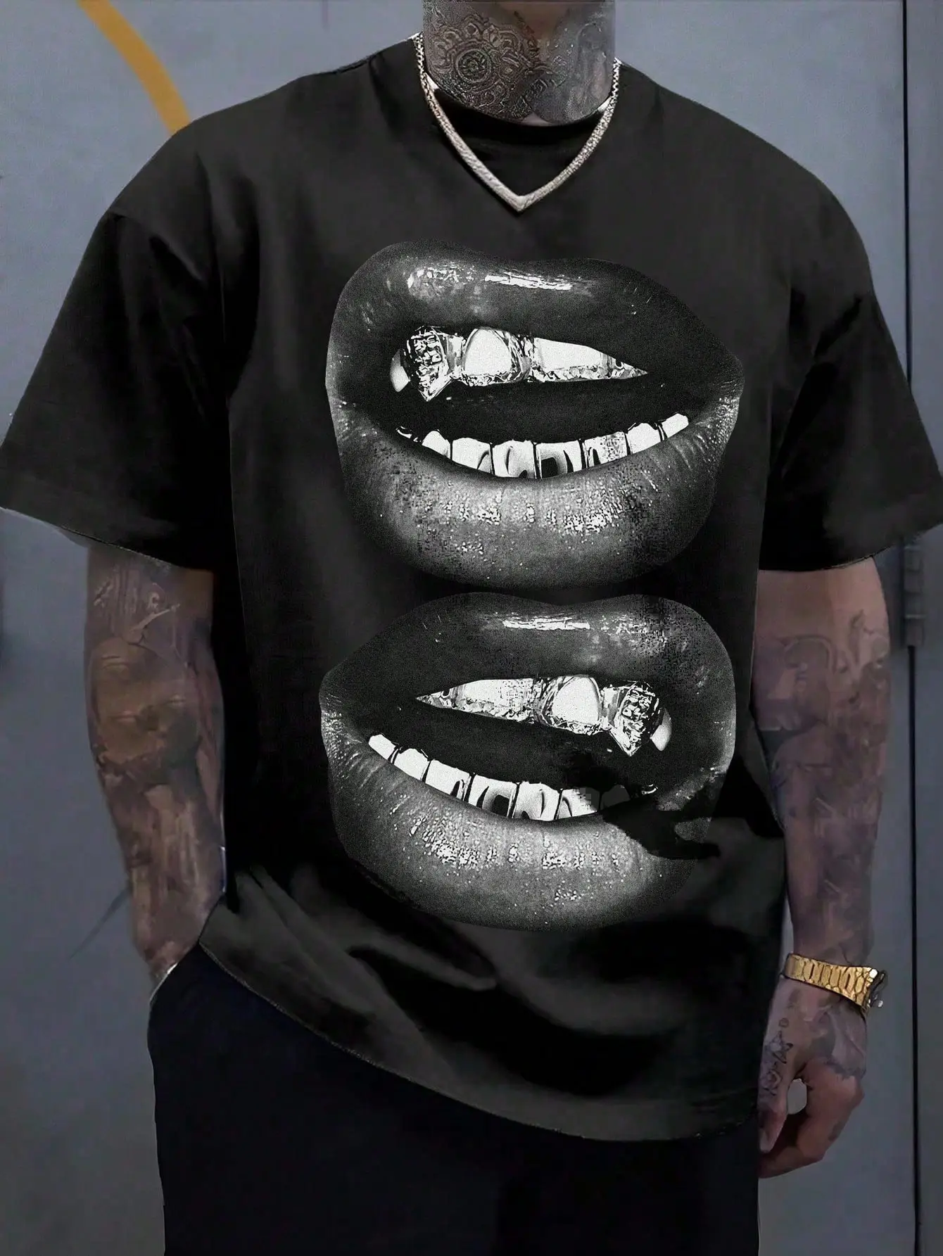 Tooth Drill Mouth Trendy Brand Short-Sleeve Loose Hip-Hop Streetwear Casual Couple T-Shirts