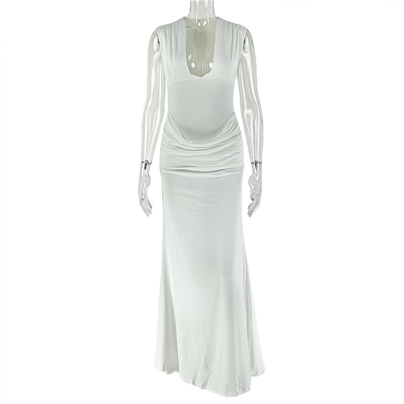 Pleated Bodycon Skirt Sexy V neck Sleeveless Elegant Dress White - Shop at LoveMi