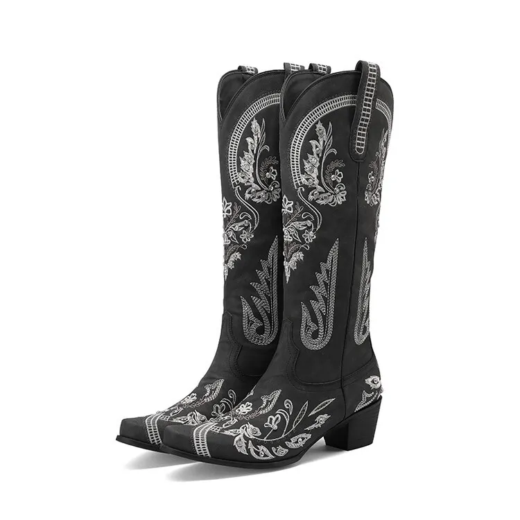 Embroidered Western Denim Retro Women's Knee-length Boots - Red