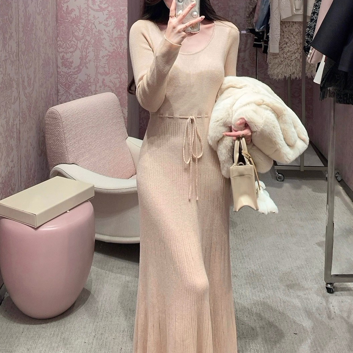 Acetate Cashmere Wool Soft, Draping Knit Dress Cinnamon Milk Tea - Shop at LoveMi