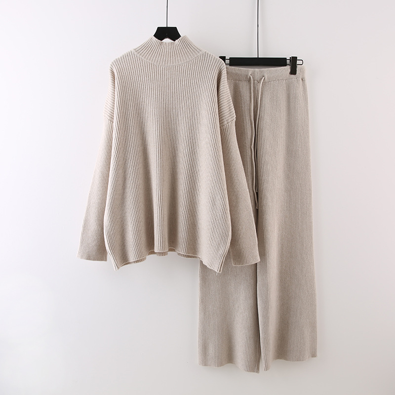 Idle Style Half Turtleneck Thickened Inner Wear Knitted Wide Leg Pants Two-piece Set