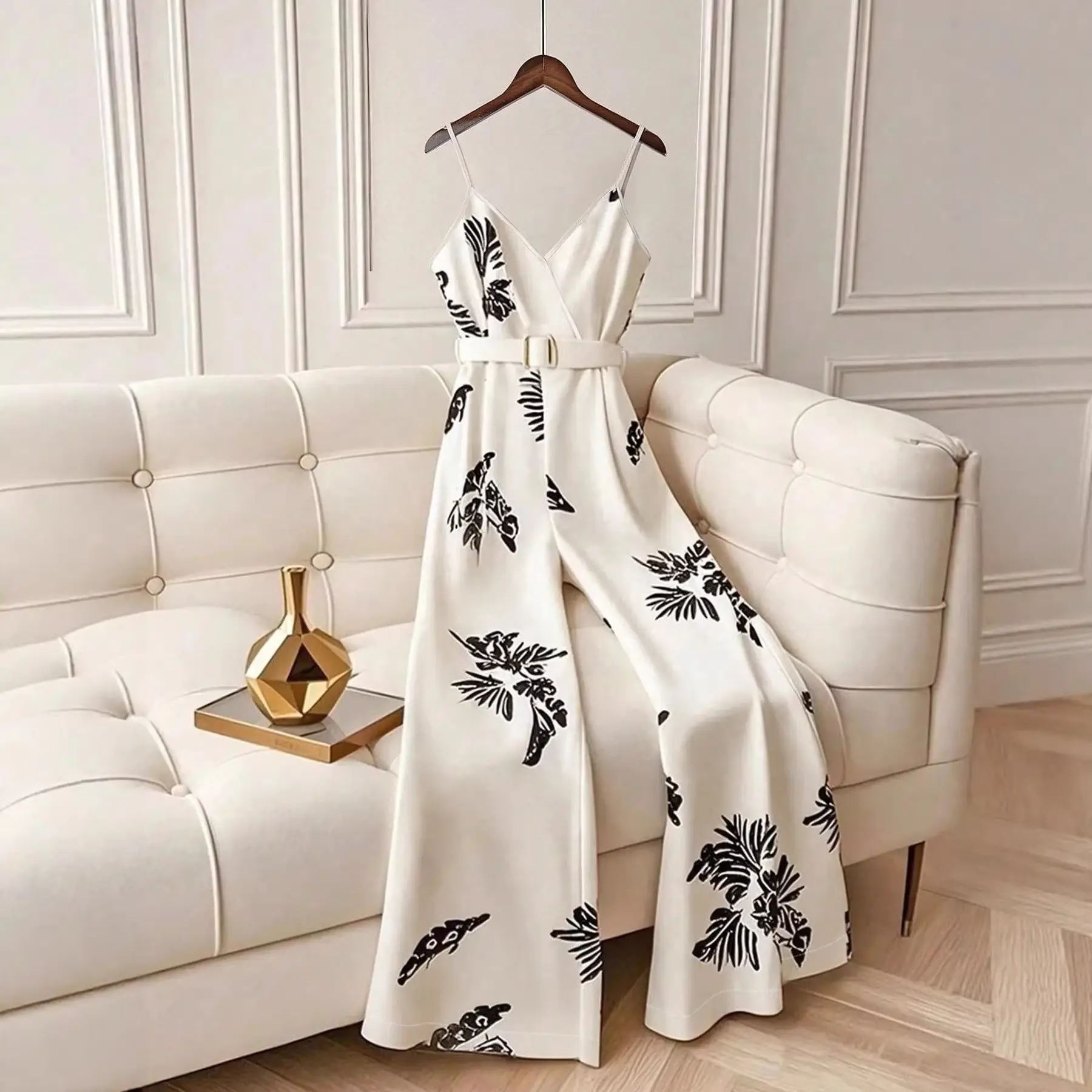 Womens Digital-Print Jumpsuit With Adjustable Straps And Waist Belt Simple And Elegant