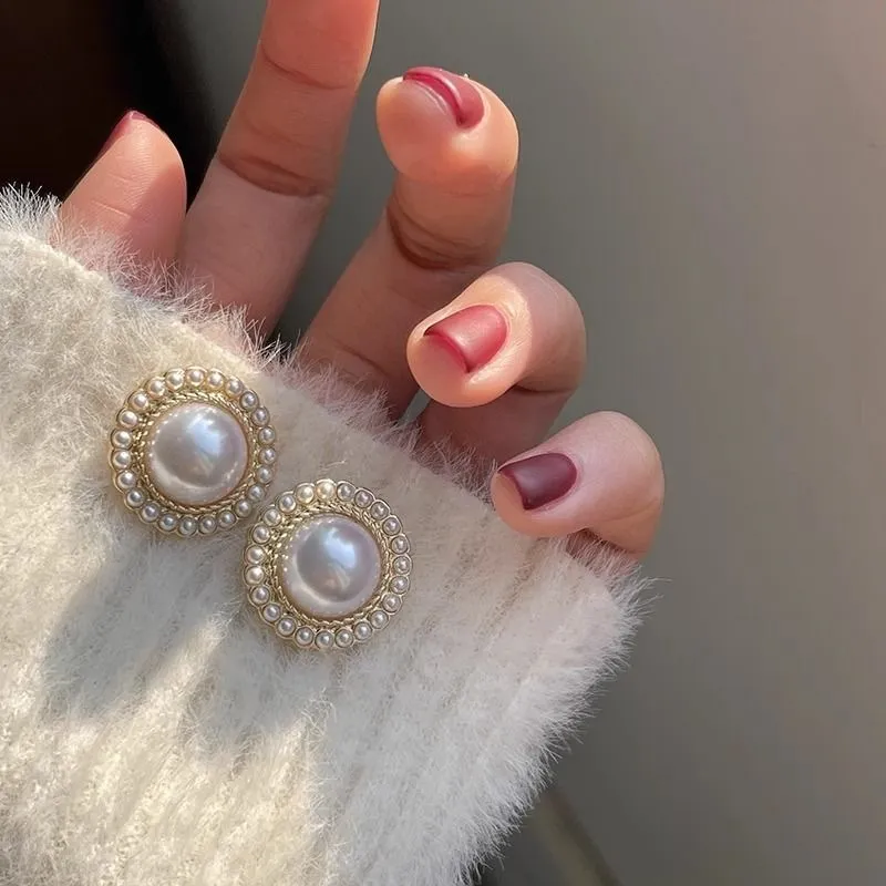 Vintage Pearl Button Stud Earrings