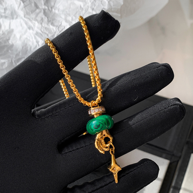 Vintage Zircon Malachite Eight-pointed Stars Clavicle Chain Antique Style High Sense Necklace