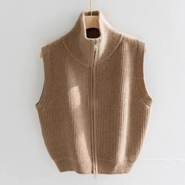 Turtleneck Double Zipper Knitted Vest Versatile Bottoming Shirt Khaki - Shop at LoveMi