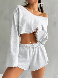 European And American Women's Long-sleeve Blouse Shorts Suit - Grey Suit - View 1