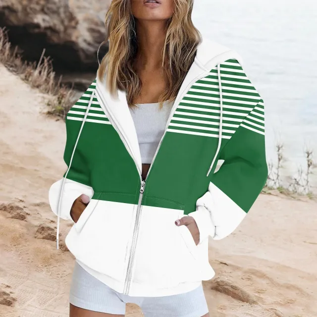 Striped Printed Pocket Long Sleeve Loose Hooded Sweater Zipper Jacket 15186Color M - Shop at LoveMi