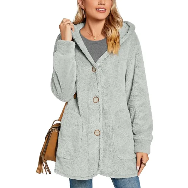 European And American Plush Hooded Button Pocket Cardigan Casual Coat Light Gray - Shop at LoveMi
