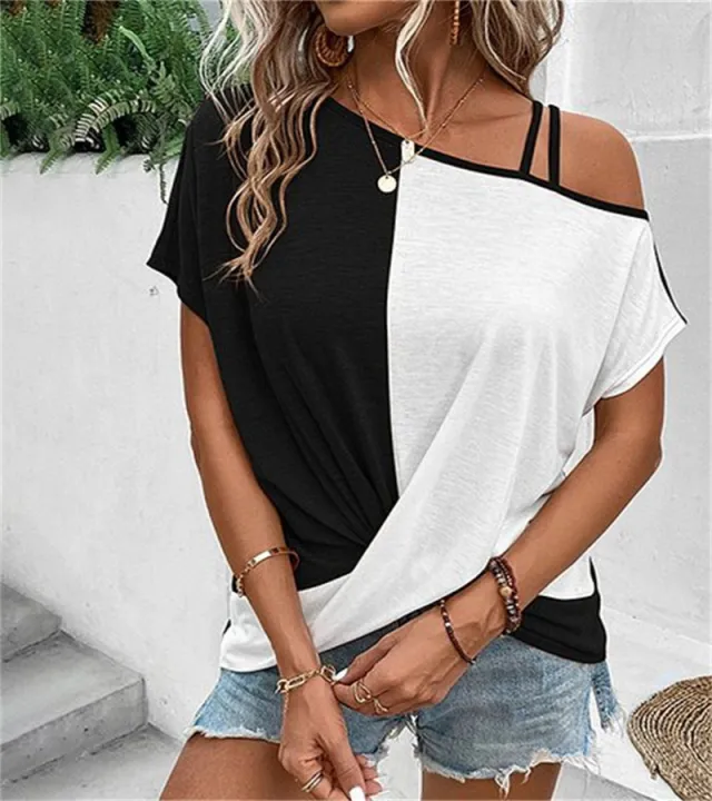 Two color Color Cotton Stitching Women's Shoulder Strap T shirt Cross Short Sleeve Top Black - Shop at LoveMi