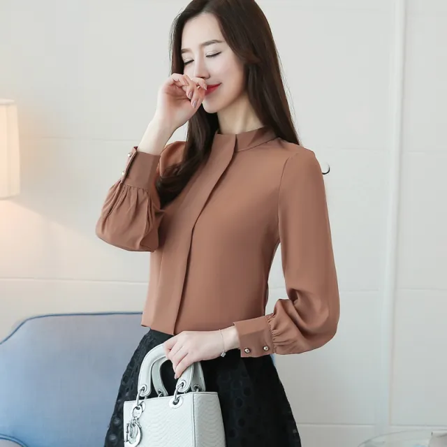 Fashion Korean Style Plus Size Long Sleeve Women's Chiffon Shirt Khaki - Shop at LoveMi