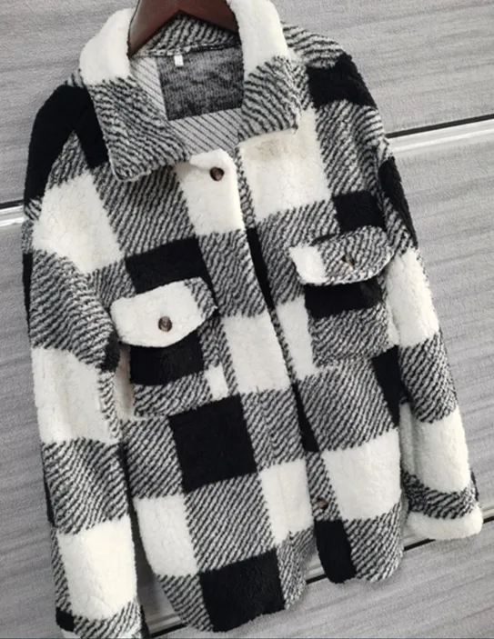 Women's Long sleeved Double pocket Plaid Furry Coat Black - Shop at LoveMi