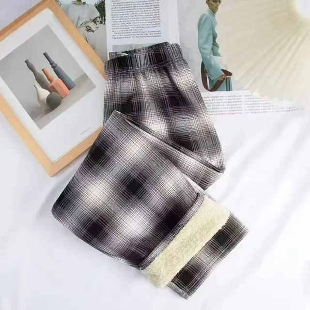 Winter Christmas Leopard Print Shearling Plaid Pants Gray - Shop at LoveMi