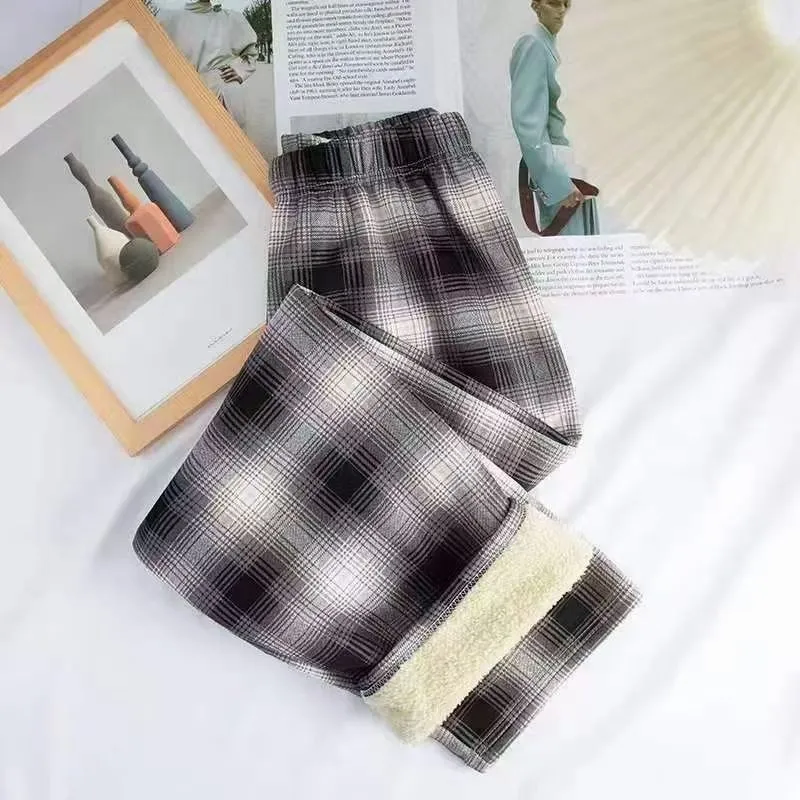 Winter Christmas Leopard-Print Shearling Plaid Pants - Gray