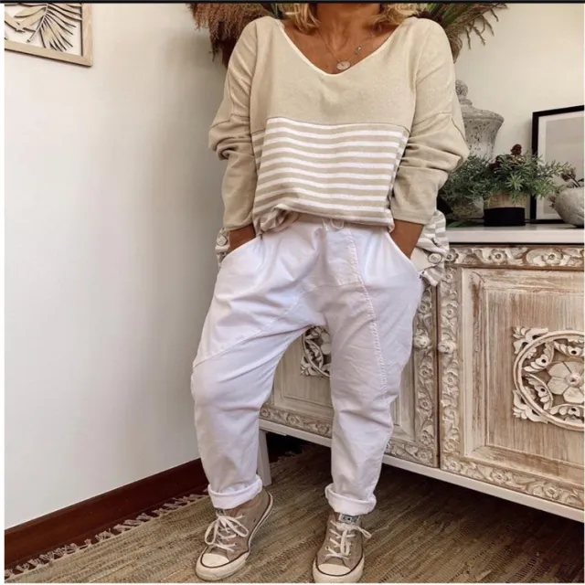 European And American Patchwork Drawstring Elastic Harem Casual Pants Pure Cotton White - Shop at LoveMi