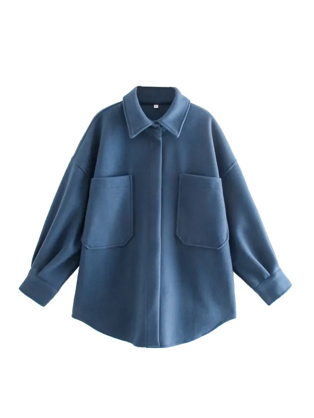 Vintage Woolen Shirt Top Spring Winter New Loose Profile Shirt Coat Blue - Shop at LoveMi