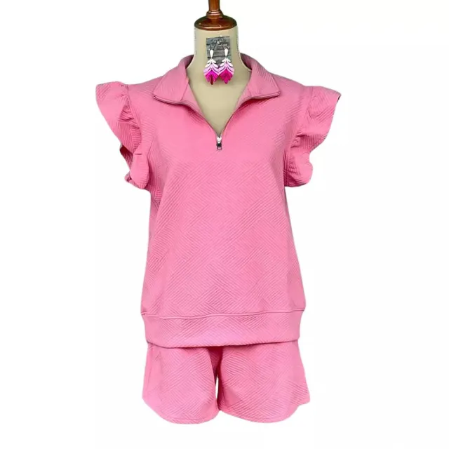 Women's Flounced Sleeve Half Zip Short Sleeve Top Pocket Shorts Pink - Shop at LoveMi